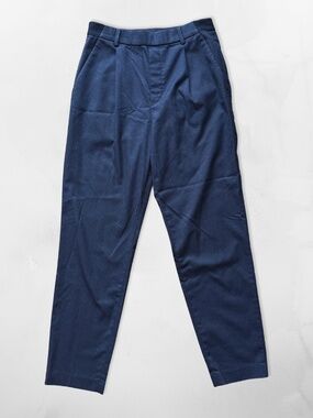 Navy Pinstripe High-Waist Trousers, Elastic Waist, Tailored Slim Fit, Size S